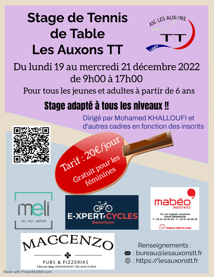 You are currently viewing Stage Les Auxons TT du lundi 19 au mercredi 21 décembre 2022